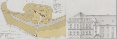 4.32 Lithografie Chateau de Boxmeer met aan de rechtse zijde een gedeelte van de gevel van het kasteel en aan de linkse ...