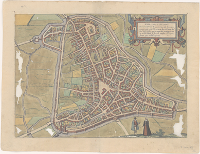 10 Plattegrond van 's-Hertogenbosch, ingekleurd. Gebouwen in opstand. Met Latijnse beschrijving van de stad onder ...