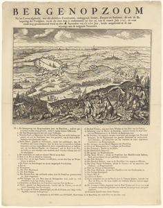 1113 Prent van de omgeving van Bergen op Zoom met plattegrond van de stad en de aanval van de Fransen op 16 juli 1747. ...