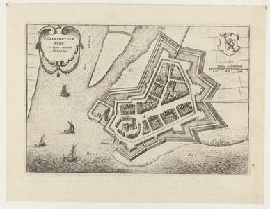 1164 Plattegrond van Geertruidenberg. Linksboven cartouche met titel en legende (1-3), rechtsboven wapen van ...
