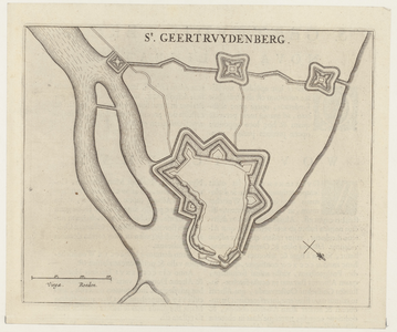 1165 Plattegrond van Geertruidenberg. Rechtsonder kompasroos, linksonder schaal. Rug: Latijnse tekst: S. ...