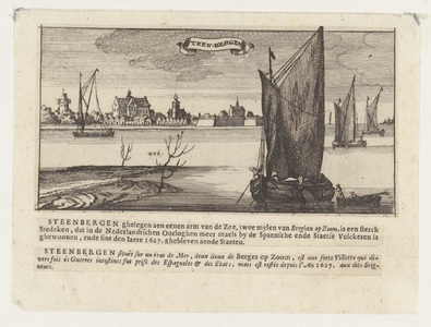 1242 Prent van Steenbergen van over het water, sterke stad sinds 1627 in handen van de Staten Generaal. Op de voorgrond ...