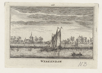 1249 Prent van Werkendam vanaf het water. Op de voorgrond een zeil- en roeiboot. Middenboven: 168., middenonder titel., ...