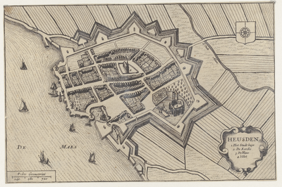 1265 Plattegrond van Heusden. Rechtsboven wapen van Heusden, rechtsonder cartouche met titel en legende (1-4), ...