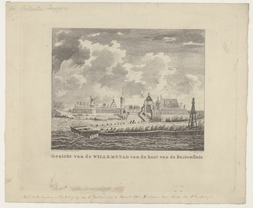 1272 Prent van Willemstad met het beleg door de Fransen van 17 februari-15 maart 1793. Onder de afbeelding titel en ...