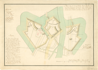 139 Plankaart voor het aanleggen van verdedigingswerken bij het Lindenbergse veer in de Rosendaalse Vliet. Linksboven ...