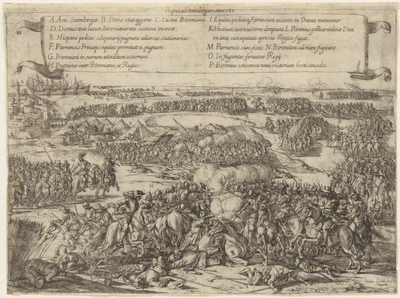 1405 Prent van een gevecht, op 17 juni 1583 gevoerd tussen Steenbergen en Halsteren bij Bergen op Zoom. Op de voorgrond ...