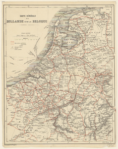 1426 Kaart van Nederland en België betreffende openbare transportmogelijkheden. Gradenverdeling in de rand, graadnet. ...