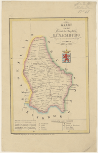 1428 Kaart van Luxemburg. Gradenverdeling in de rand, graadnet. Linksboven titel, daaronder wapen van Luxemburg, ...