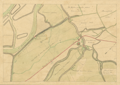 1452 Kaart van het fort Altena en omgeving met in rood aangegeven de Weg der 1e Klasse, de Inundatiesluis en vier ...