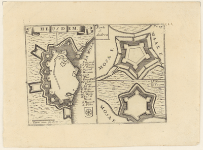1455 Drie plattegronden van resp. a. Heusden (links), b. Fort St. Andries (rechtsboven) en c. Fort Nassau of Voorne ...