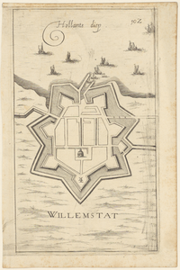 1465 Plattegrond van Willemstad. Rechtsboven: 10², onder de plattegrond de titel., na 1630