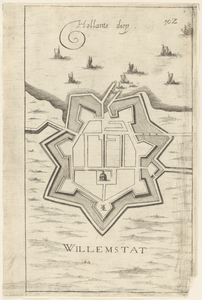 1466 Plattegrond van Willemstad. Rechtsboven: 10², onder de plattegrond de titel., na 1630