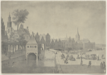 1580 Prent van een marktplein en een gracht te Haarlem? Op de voorgrond rechts het marktplein met enige kraampjes en ...