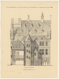 1587 Prent van de achterzijde van het raadhuis te Heusden. Boven de afbeelding: 2e Deel Mededeelingen van de ...