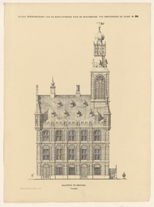 1592 Prent van de voorzijde van het raadhuis te Heusden. Boven de afbeelding: 2de Deel Mededeelingen van de ...