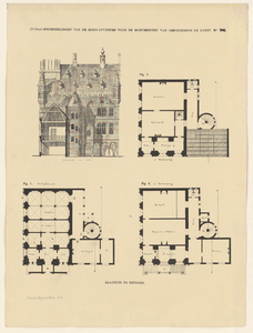1593 Doorsnede van het raadhuis van Heusden met plattegronden van de begane grond en de eerste en tweede verdieping. ...