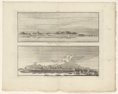 1644 Prent van twee afbeeldingen van respectievelijk Willemstad en Steenbergen. Ad a. (boven): Willemstad, gezien vanaf ...