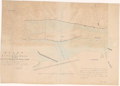 1832 Kaart van de Waal tussen Woudrichem en Gorinchem met de grensscheiding tussen beide plaatsen en in rood de ...