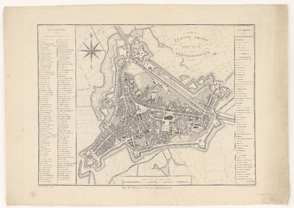 201 Plattegrond van 's-Hertogenbosch. Met kompasroos en legenda (1-141: A-E: a- z)., 1835