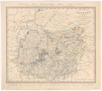2196 Kaart van Zuid-Brabant, verdeeld in arrondissementen en kantons. Met gradenverdeling en legende., c. 1820-1829