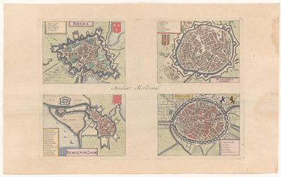 2288 Prent met plattegronden van Bergen op Zoom, Breda, Brugge en Mechelen. Enige gebouwen in opstand. Elke plattegrond ...