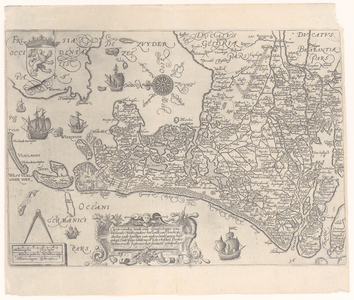 2313 Kaart van Holland en Utrecht. Met kompasroos en wapen van Holland. Titelcartouche rijk versierd, kaart versierd ...