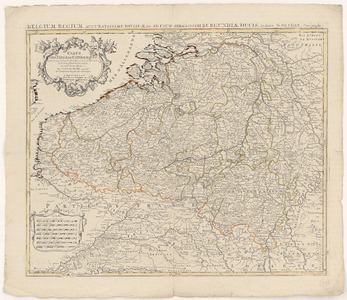 233 Kaart van België (Katholieke Nederlanden). Gradenverdeling en richtingaanduiding in de rand. Boven de kaart eerste ...