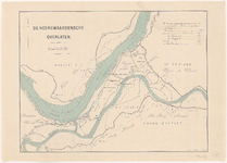 276 Kaart van de Maas en de Waal tussen Dreumel en Alem met de zes Heerewaardense overlaten. Linksboven kompasnaald, ...