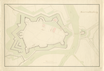 278 Plattegrond van de vesting Geertruidenberg waarop enige militaire gebouwen staan aangegeven. Rechtsboven titel, ...