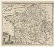 2895 Kaart van het oude Gallië en aangrenzende gebieden. Met gradenverdeling. Titelcartouche versierd met allegorische ...