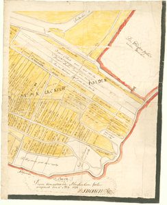 292 Kopie van een (deel van een) landmeterskaart van de Almkerkse polder (ten noorden van Almkerk?). Links de titel. In ...