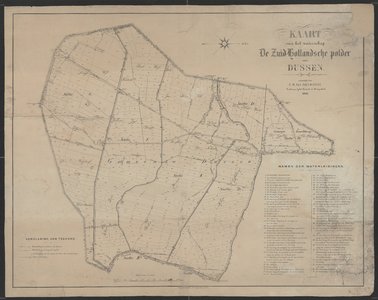 302 Kaart van het waterschap De Zuidhollandse polder van Dussen. Met kompasroos, genummerde percelen en legenda van ...