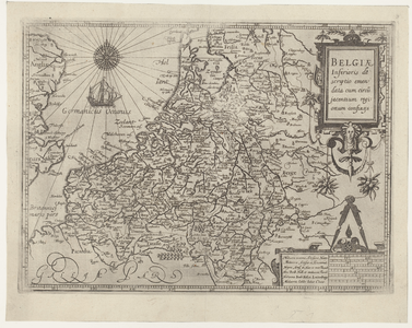 3089 Kaart van de XVII Provinciën met de aangrenzende gebieden. Gradenverdeling in de rand. Linksboven kompasroos met ...