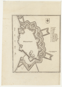 3094 Plattegrond van de vesting Heusden. Rechtsboven wapen van Heusden, daaronder Duitse legende (A-Q), daaronder ...