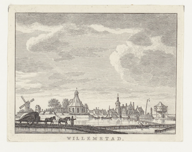 3130 Prent van Willemstad gezien van over het water. Op de voorgrond links een kar met paarden, daarschter de molen, in ...