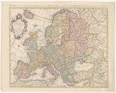 359 Kaart van Europa. Gradenverdeling in de rand, graadnet. Boven de kaart Latijnse titel, linksboven cartouche met ...