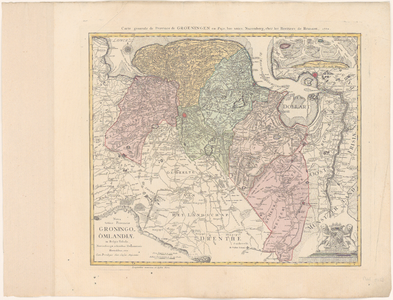 482 Kaart van de provincie Groningen en een groot deel van Drenthe. Gradenverdeling in de rand. Linksboven kompasroos, ...