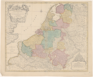 493 Kaart van Nederland, België en Luxemburg. Gradenverdeling en richtingaanduiding in de rand, graadnet. Linksboven ...