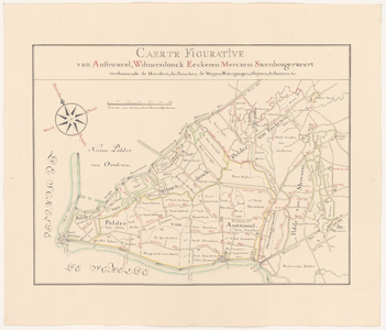 563 Kaart van de polders ten oostzuidoosten van fort St. Philippe aan de Schelde (B). Linksboven kompasroos en schaal, ...