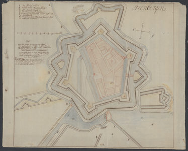 5780 Plattegrond van Steenbergen met vestingwerken zoals de situatie was ca. 1635, met aantekeningen over de ...