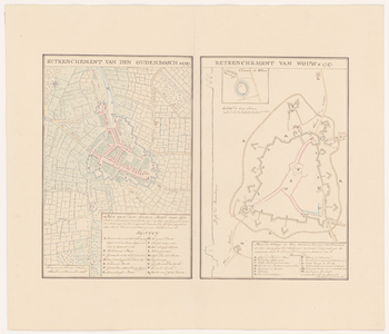 624 Kopieën van twee plattegronden van resp. de vesting Oudenbosch (a.) en de vesting Wouw (b.). Links a., rechts b. ...