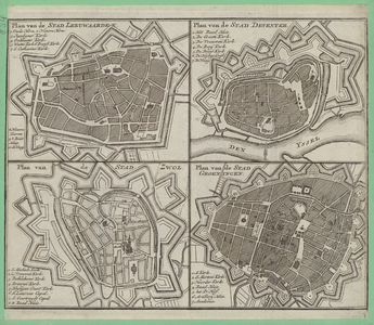 854 Kaart met plattegronden van de steden Zwolle, Deventher, Groningen en Leeuwarden(uit de nieuwe Geografische en ...