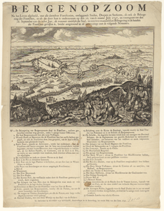916 Prent van de omgeving van Bergen op Zoom met plattegrond van de stad en de aanval van de Fransen op 16 juli 1747. ...