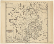 985 Kaart van Nederland, België, Frankrijk en aangrenzende gebieden ten tijde van Julius Caesar. Met gradenverdeling en ...