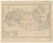 990 Kaart van de wereld met zes Franse koloniale divisies. Met vermelding van de handelswaarde per divisie., 1850